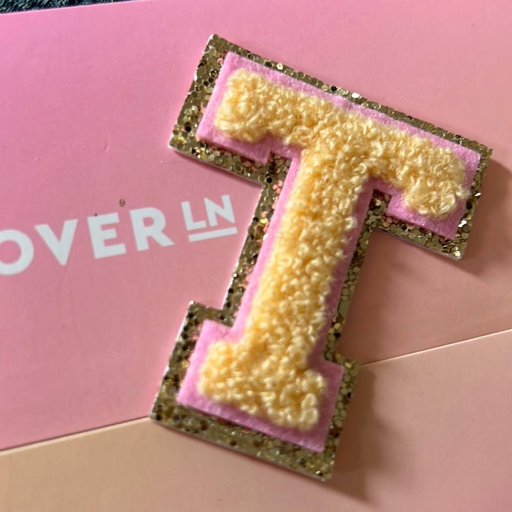 Stoney Clover Lane apricot chenille, pink & gold initial T adhesive letter patch